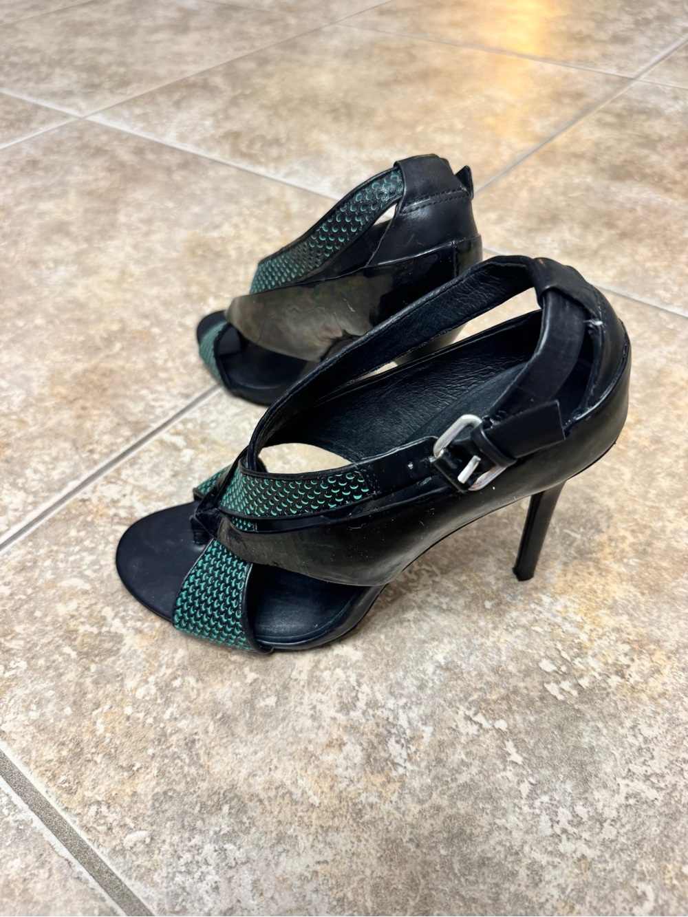L.A.M.B. Black and Teal Iridescent Cross-Strap High Heel Sandals - Picture 6 of 8